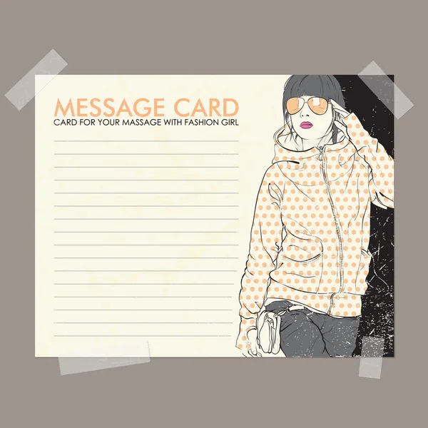 Tarjeta de mensaje con chica de moda fija con cinta adhesiva. Ilustración vectorial . — Vector de stock