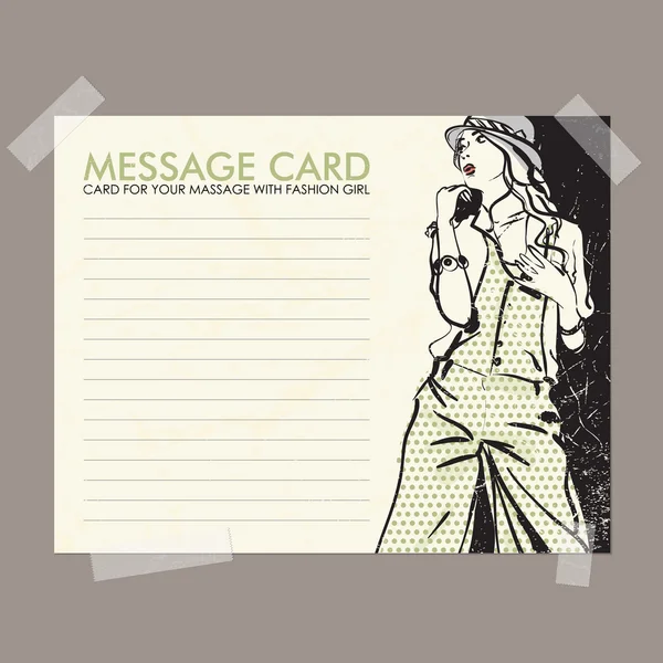 Tarjeta de mensaje con chica de moda fija con cinta adhesiva. Ilustración vectorial . — Archivo Imágenes Vectoriales