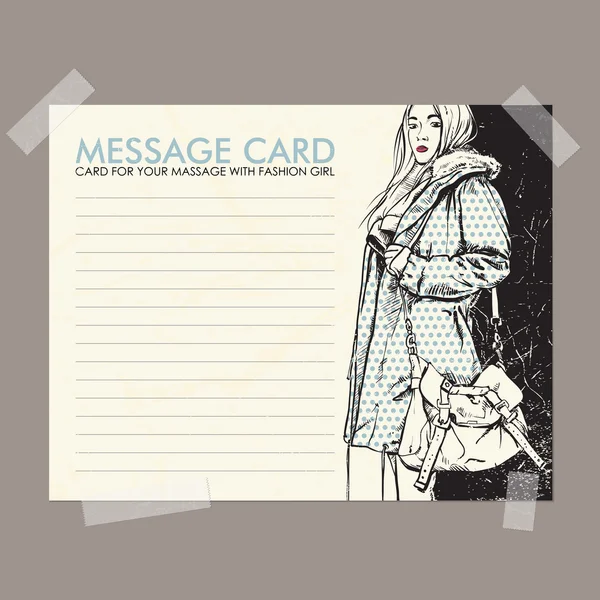 Yapışkan bant ile sabit moda kız ile mesaj kartı. vektör çizim. — Stok Vektör