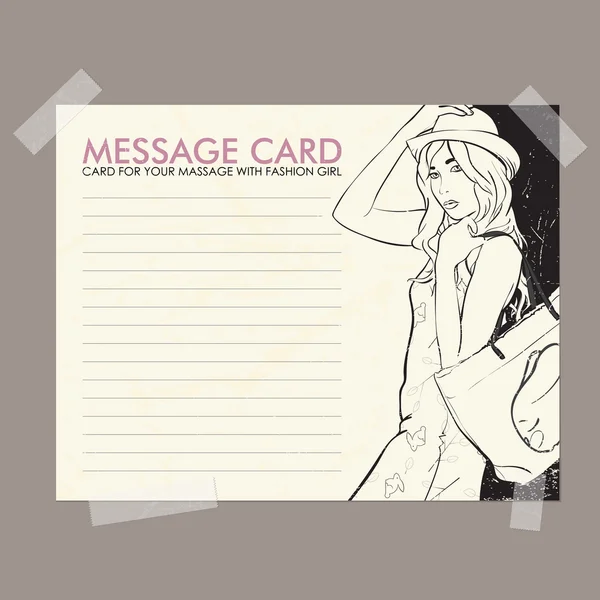 Cartão de mensagem com menina da moda fixo com fita adesiva. Ilustração vetorial . — Vetor de Stock