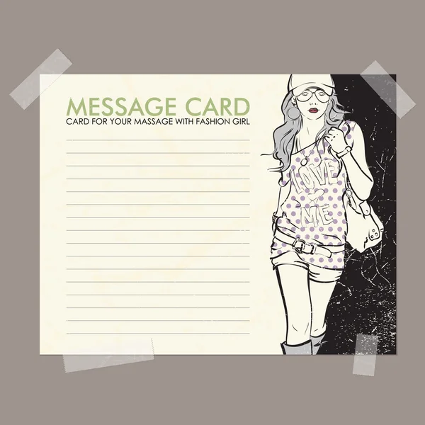 Cartão de mensagem com menina da moda fixo com fita adesiva. Ilustração vetorial . — Vetor de Stock