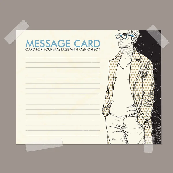 メッセージ カード ウィズ スタイリッシュな男は粘着テープで固定します。ベクトル イラスト. — ストックベクタ