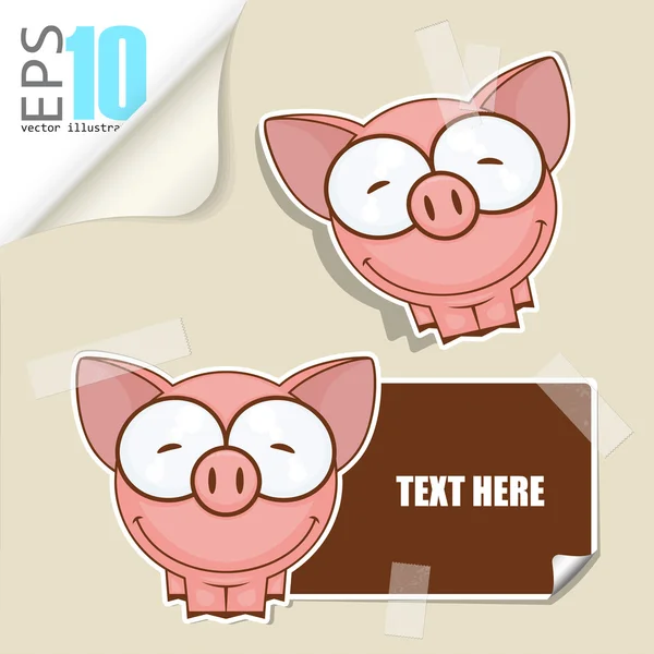 Conjunto de tarjeta de mensaje con cerdo de dibujos animados y cerdo de papel fijado con cinta adhesiva. Ilustración vectorial . — Vector de stock