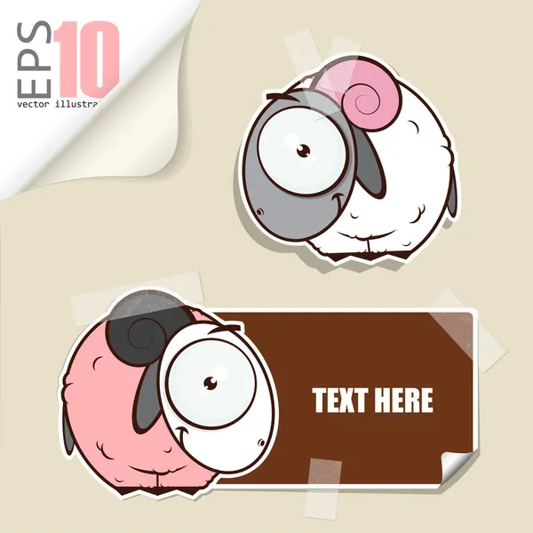 Set of message card with cartoon sheep and paper sheep fixed with sticky tape. Vector illustration. — Stock Vector