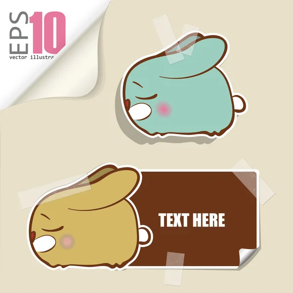 Set of message card with cartoon bunny and paper bunny fixed with sticky tape. Vector illustration. — Stock Vector