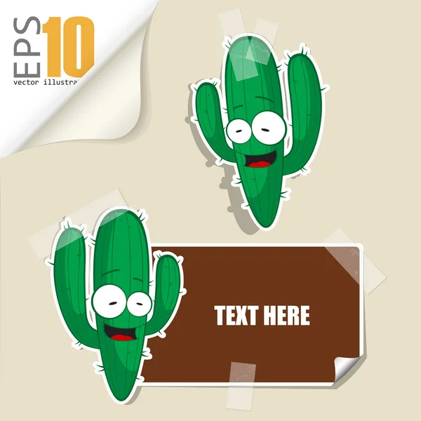 Set tekstkaartje met cartoon cactus en papier cactus vaste met plakband. vectorillustratie. — Stockvector