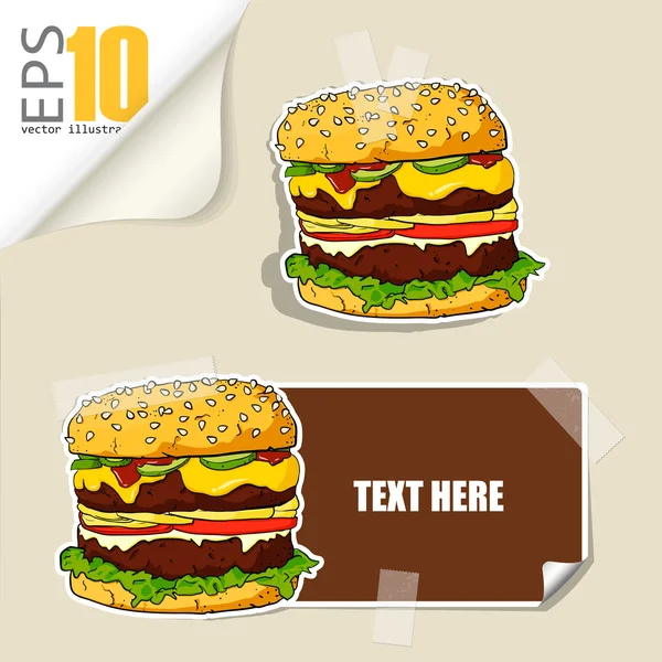 Set mit Cartoon-Burger und Papier-Burger mit Klebeband befestigt. Vektorillustration. — Stockvektor