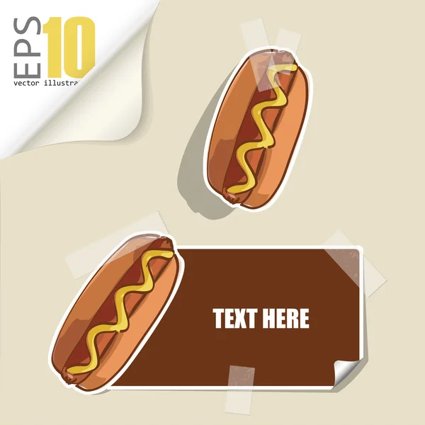 Set of message card with cartoon hotdog and paper hotdog fixed with sticky tape. Vector illustration. — Stock Vector