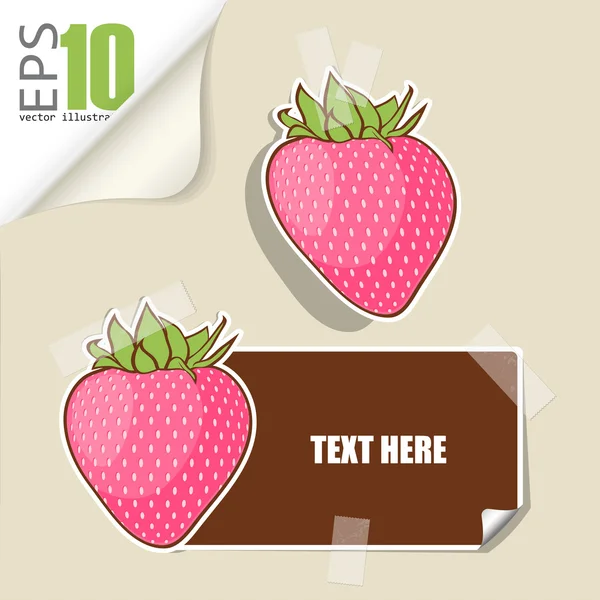 Set of message card with cartoon strawberry and paper strawberry fixed with sticky tape. Vector illustration. — Stock Vector