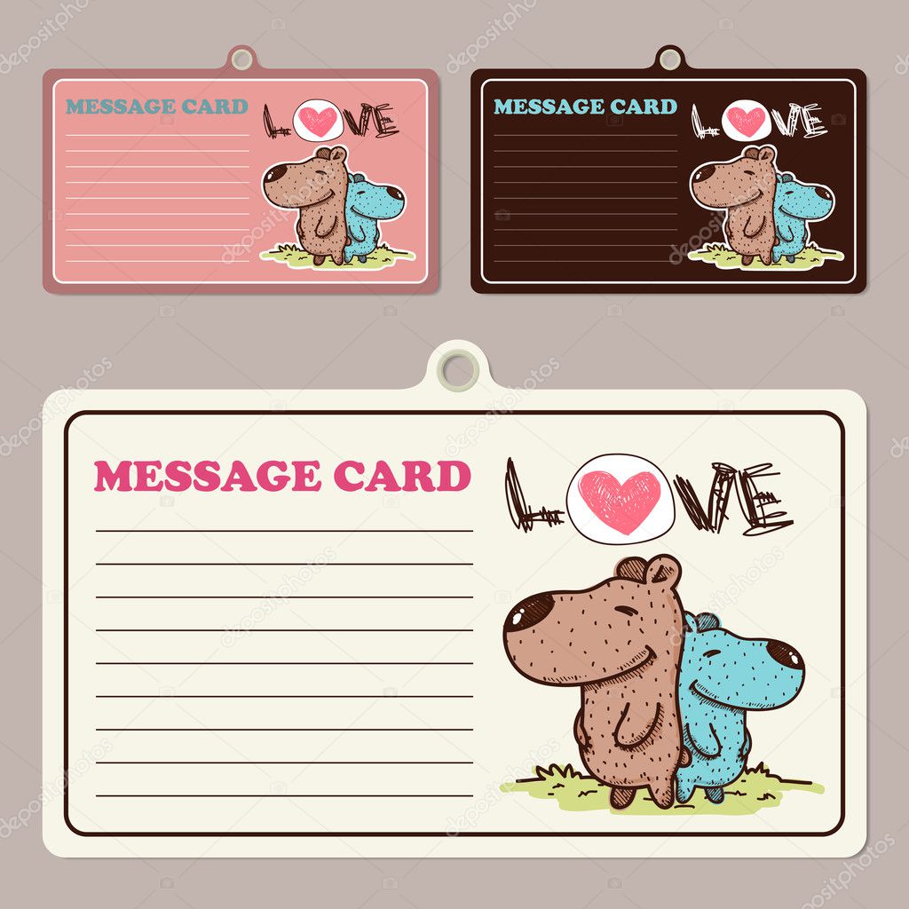 Set of vector message cards with cartoon bear character.