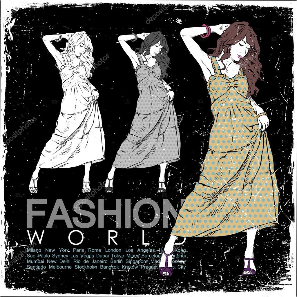 Vintage vector illustration of lovely fashion girl in sketch-style on a black background.