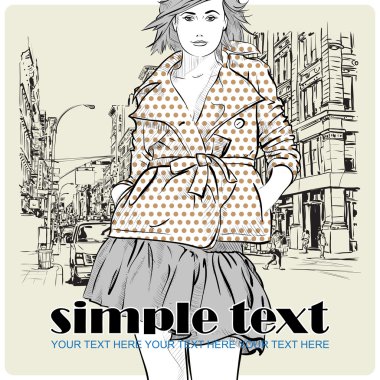 sokak arka plan üzerinde sevimli bir kız. çizilmiş vektör çizimi uzat