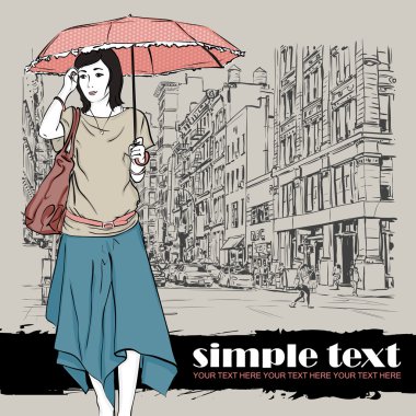 şirin moda kız sokak arka plan üzerinde. çizilmiş vektör çizimi uzat.