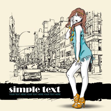 şirin moda kız sokak arka plan üzerinde. çizilmiş vektör çizimi uzat.