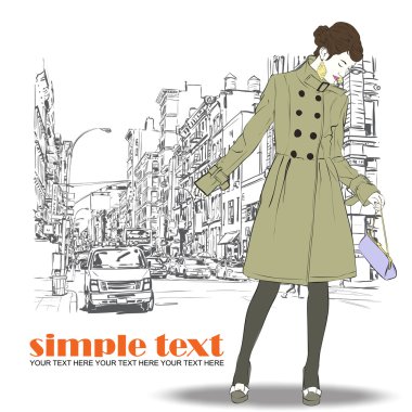 şirin moda kız sokak arka plan üzerinde. çizilmiş vektör çizimi uzat.