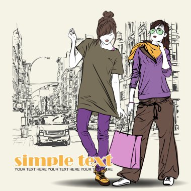 şirin moda kız sokak arka plan üzerinde. çizilmiş vektör çizimi uzat.