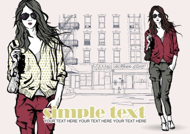 sevimli genç moda kız sokak arka plan üzerinde. çizilmiş vektör çizimi uzat.