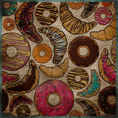 eps10 kruvasan ve donuts vintage arka plan.
