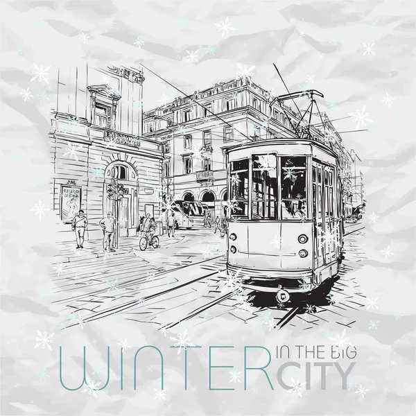 Winter in de stad. vectorillustratie. — Stockvector