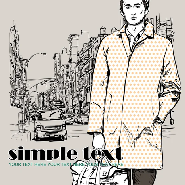 Stylish dude with bag on a street-background. Vector illustration. — Stock Vector
