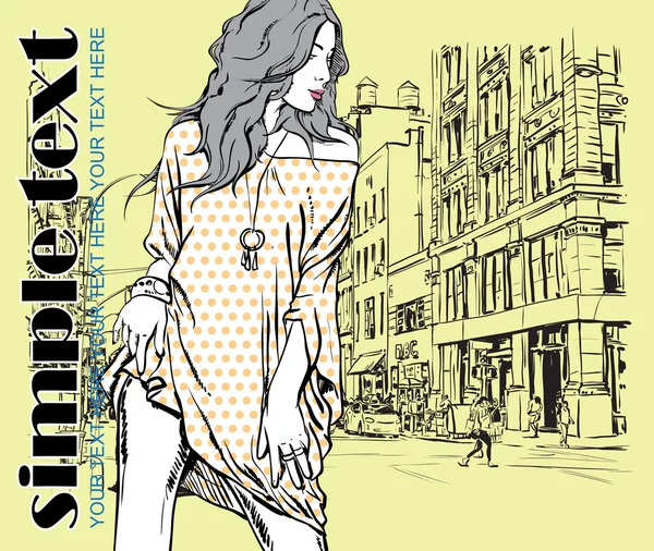 通りの背景に素敵な女の子。手描き下ろしベクトル イラスト — ストックベクタ