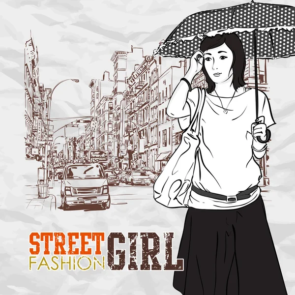 Cute fashion girl on a street background. Hand drawn vector illustration. — Stock Vector