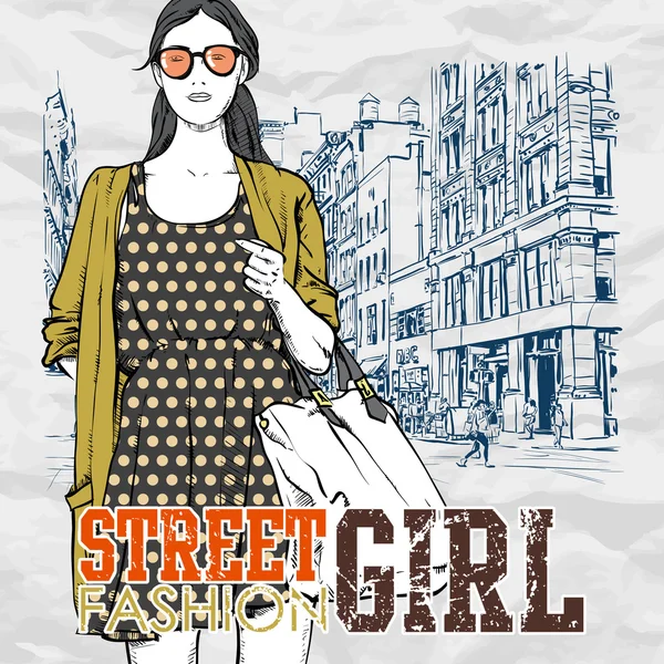 Linda chica de la moda en un fondo de calle. Ilustración vectorial dibujada a mano . — Vector de stock