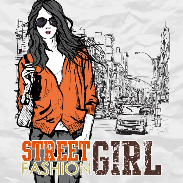 Moda dziewczyna na ulicy tle. ręcznie rysowane wektorowej. — Wektor stockowy