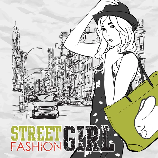 Linda chica de la moda en un fondo de calle. Ilustración vectorial dibujada a mano . — Vector de stock