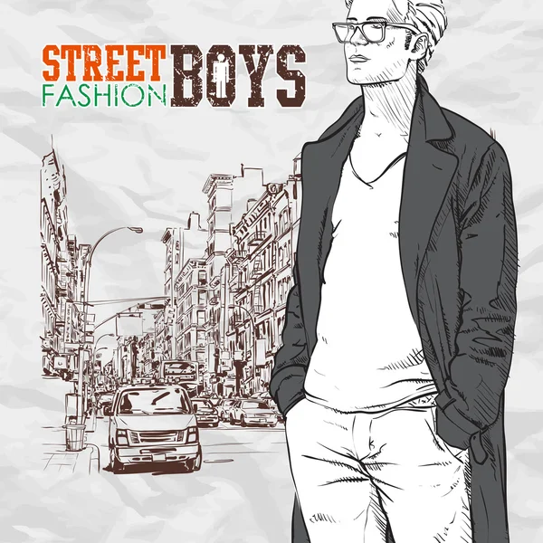 ストリート背景の上にバッグとスタイリッシュな男。ベクトル イラスト. — ストックベクタ