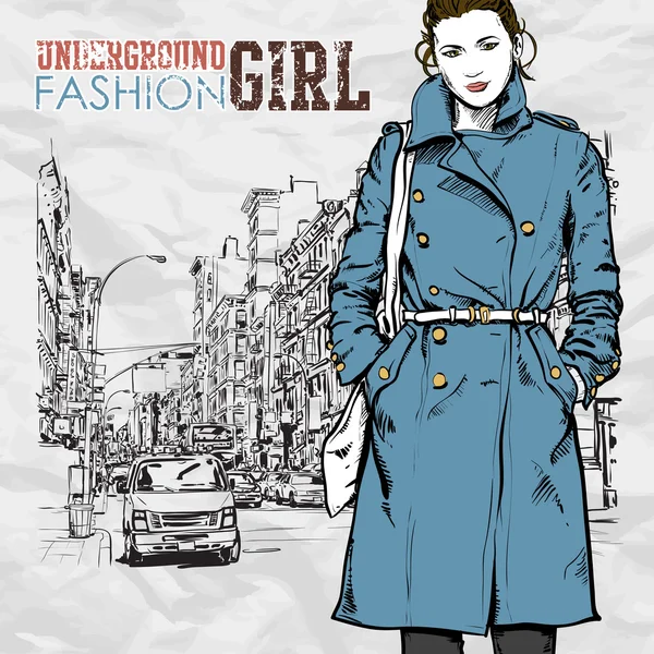 Schattig mode meisje op een straat achtergrond. hand getrokken vectorillustratie. — Stockvector
