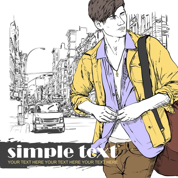 Stylish dude with bag on a street-background. Vector illustration. — Stock Vector