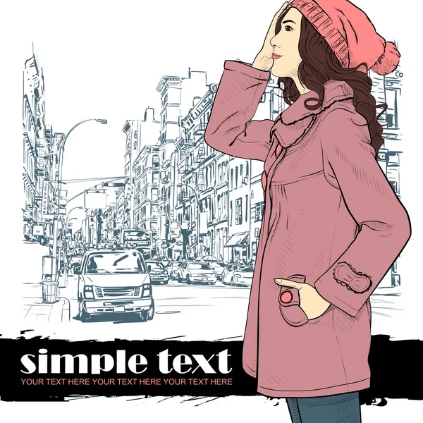 Roztomilý móda dívka na ulici pozadí. ručně kreslenou vektorové ilustrace. — Stockový vektor