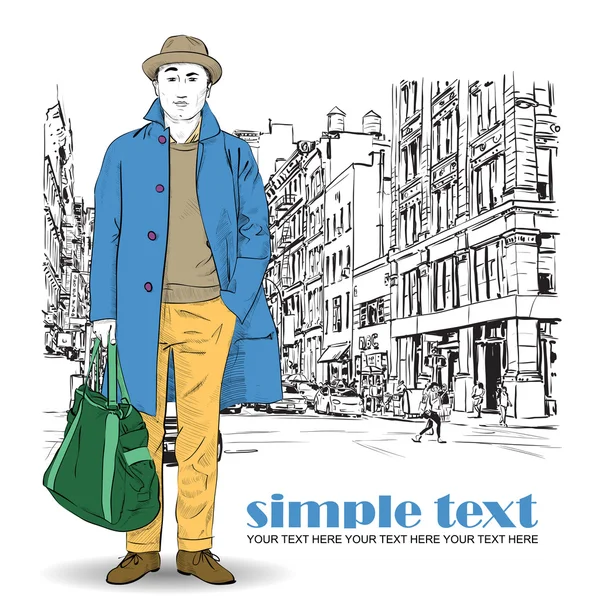 Stylish dude with bag on a street-background. Vector illustration — Stock Vector