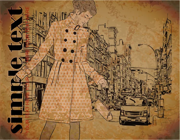 Jolie fille de la mode sur un fond de rue. Illustration vectorielle dessinée main . — Image vectorielle
