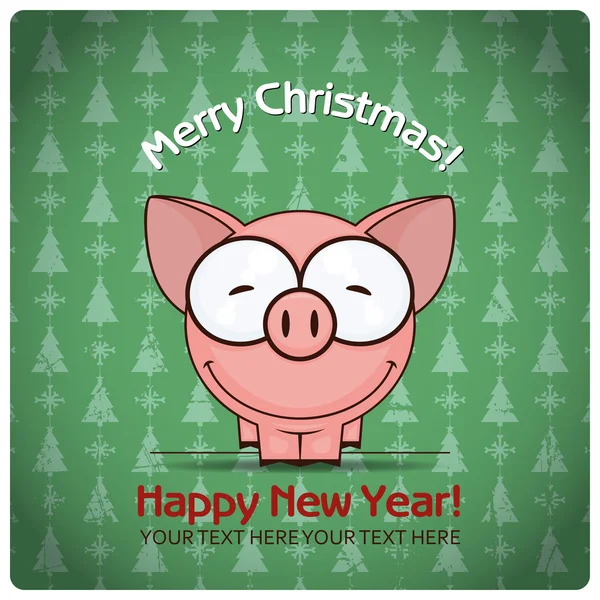 Tarjeta de felicitación navideña con cerdo de dibujos animados. Ilustración vectorial — Vector de stock