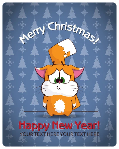Tarjeta de felicitación navideña con gato de dibujos animados. Ilustración vectorial — Vector de stock
