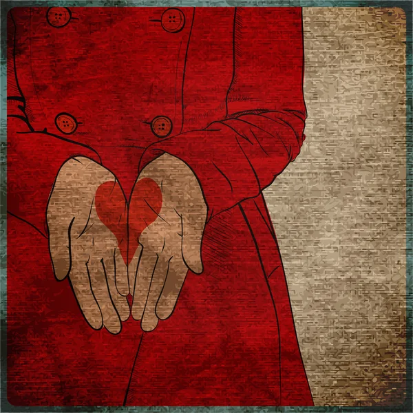 Eps10 Vintage-Hintergrund mit dem Mädchen im roten Mantel mit dem gezeichneten Herzen in den Handflächen. — Stockvektor