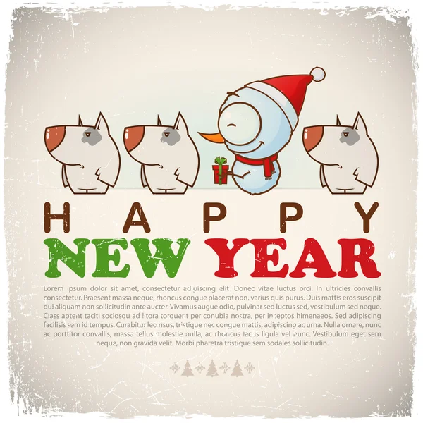 New Year greeting card with snowman and dogs. Vector illustration — Stock Vector