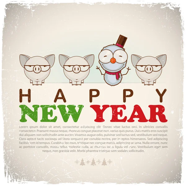Nyår Gratulationskort med snögubbe och grisar. vektor illustration — Stock vektor