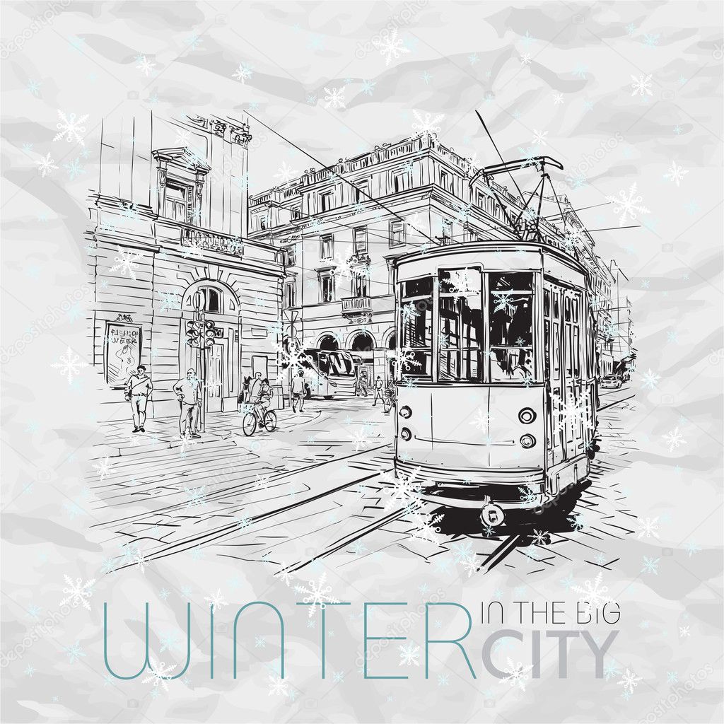 Winter in the city. Vector illustration.