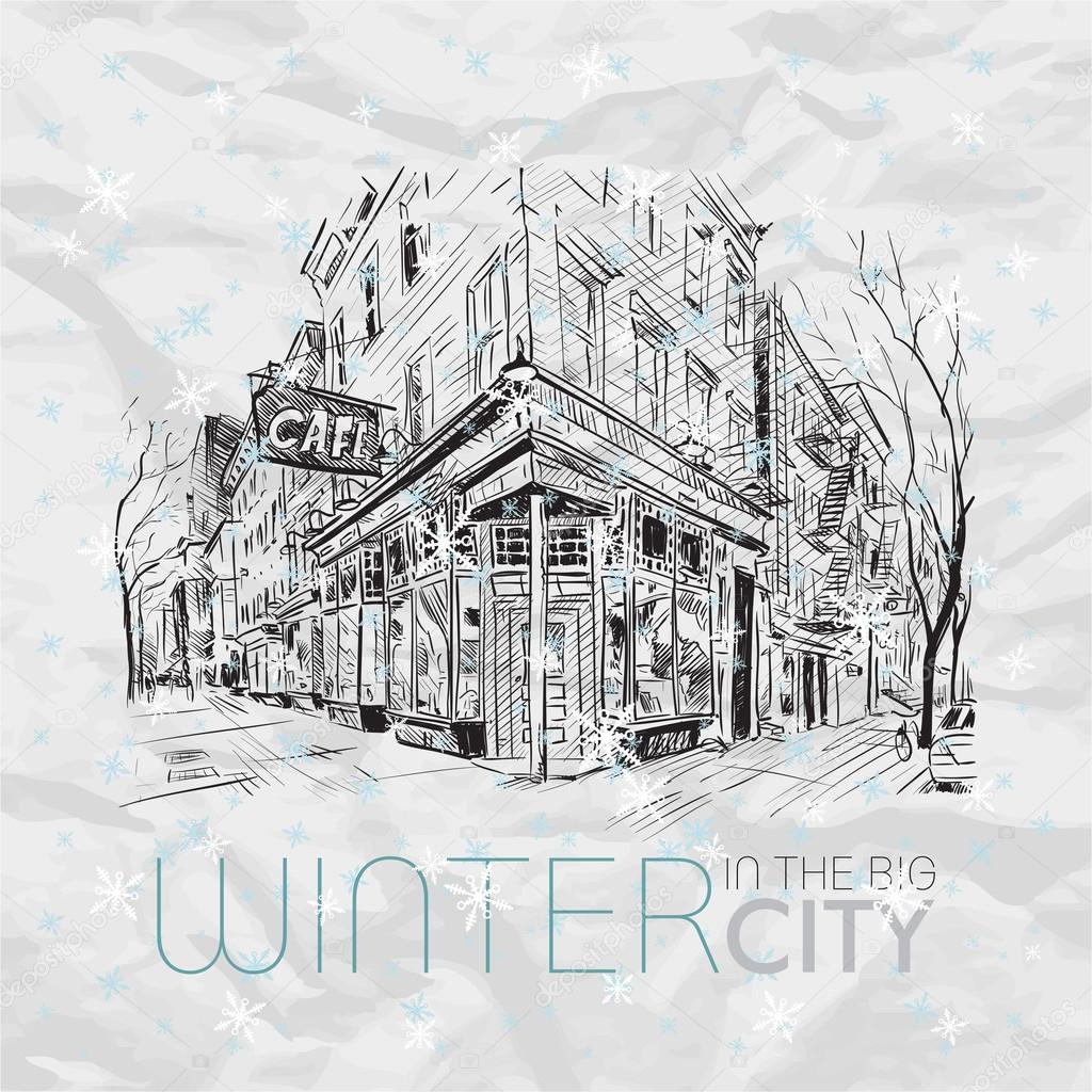 Winter in the city. Vector illustration.