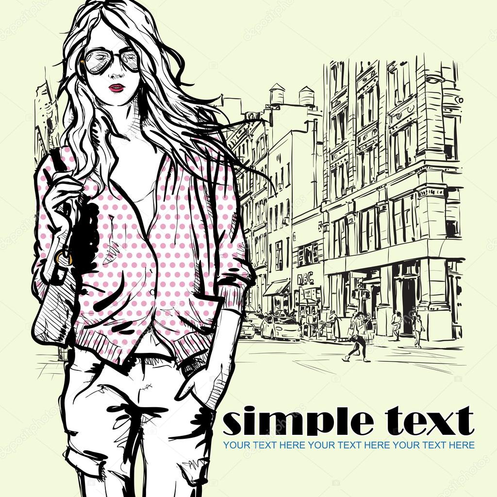 Cute fashion girl on a street background. Hand drawn vector illustration.