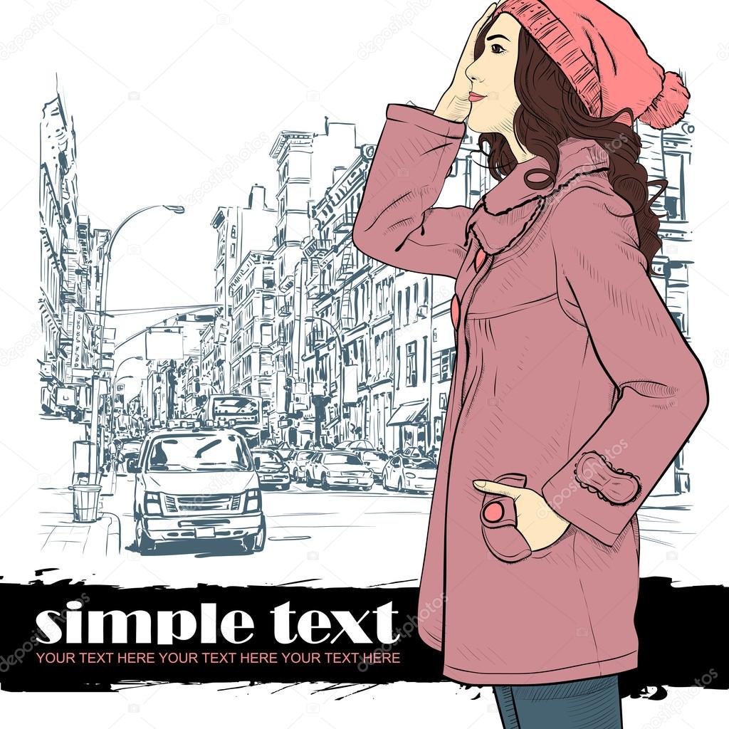 Cute fashion girl on a street background. Hand drawn vector illustration.