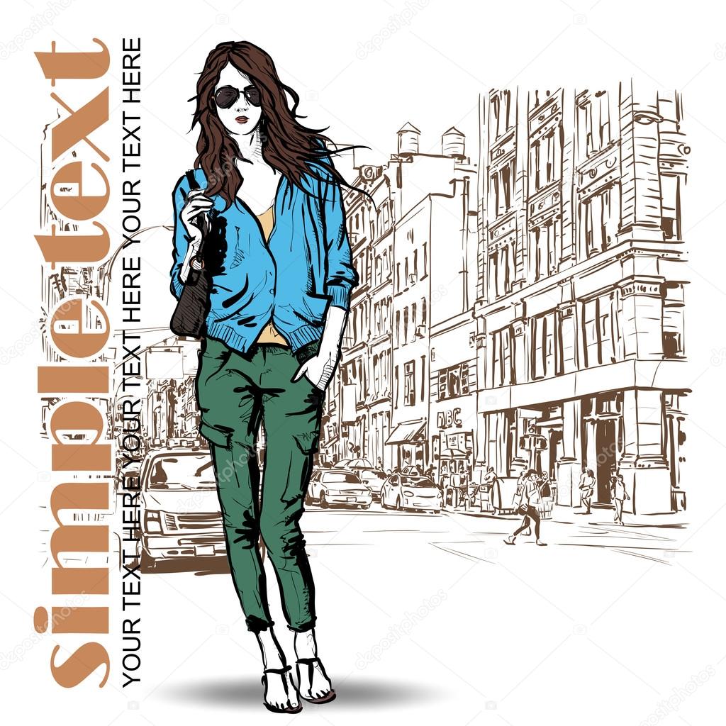 Cute fashion girl on a street background. Hand drawn vector illustration.