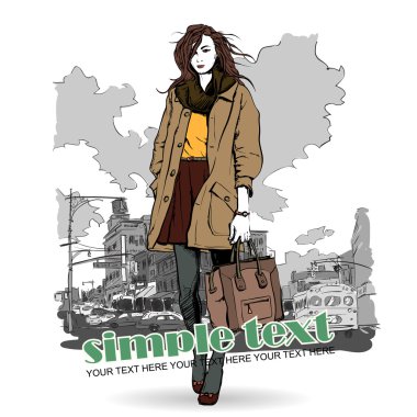 tatlı moda kız sokak arka plan üzerinde. vektör çizim