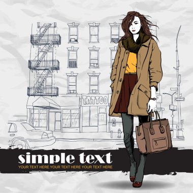 tatlı moda kız sokak arka plan üzerinde. vektör çizim