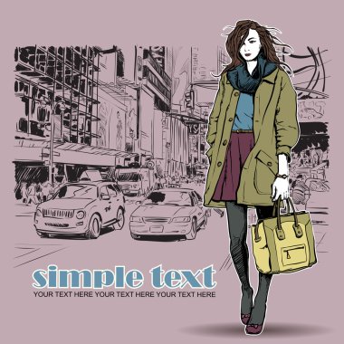 tatlı moda kız sokak arka plan üzerinde. vektör çizim