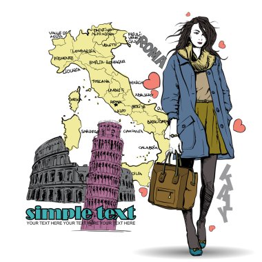 Kroki tarzı bir İtalyan arka planda çok güzel kış kız. vektör çizim