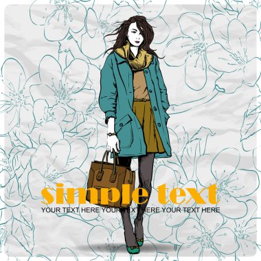 moda güzel kız ile çiçek vektör kartı.